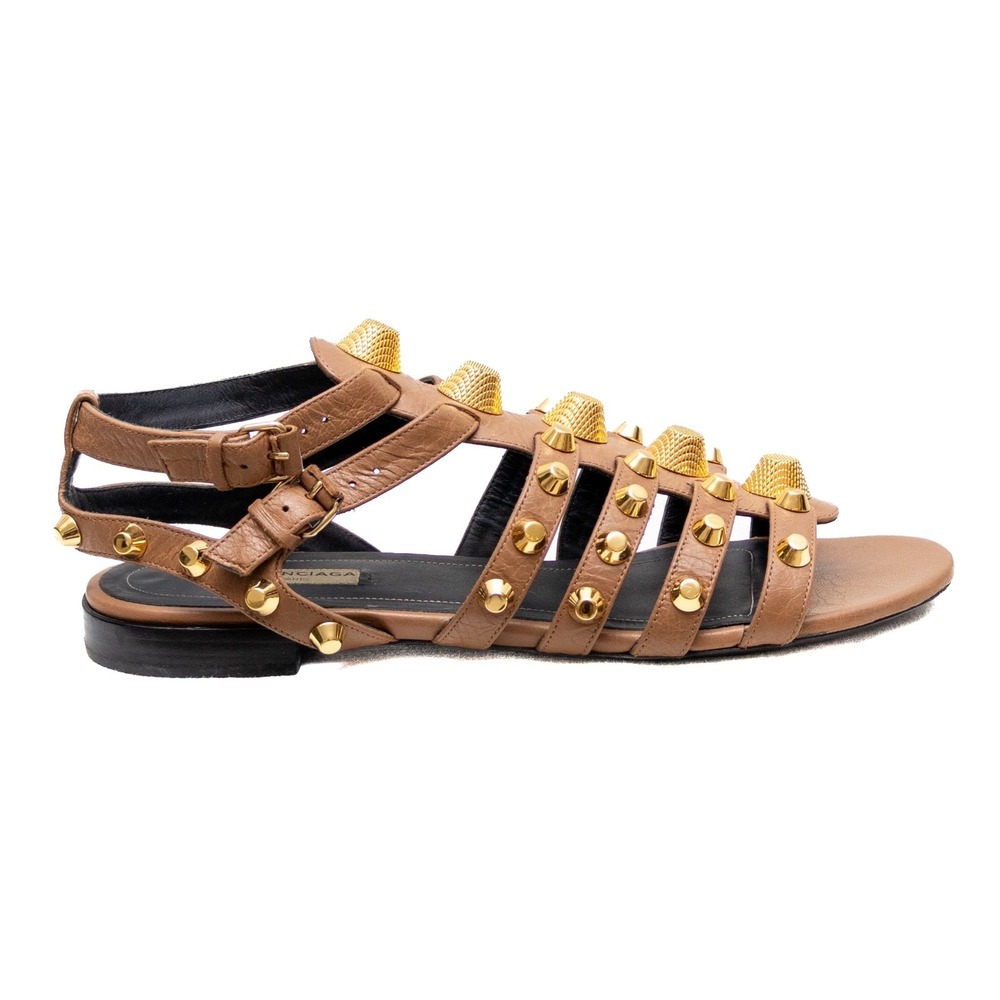 Balenciaga Women's Gladiator Sandals – Brown Leather  Gold Studs –Sz EU 40/US 10 - Picture 3 of 12